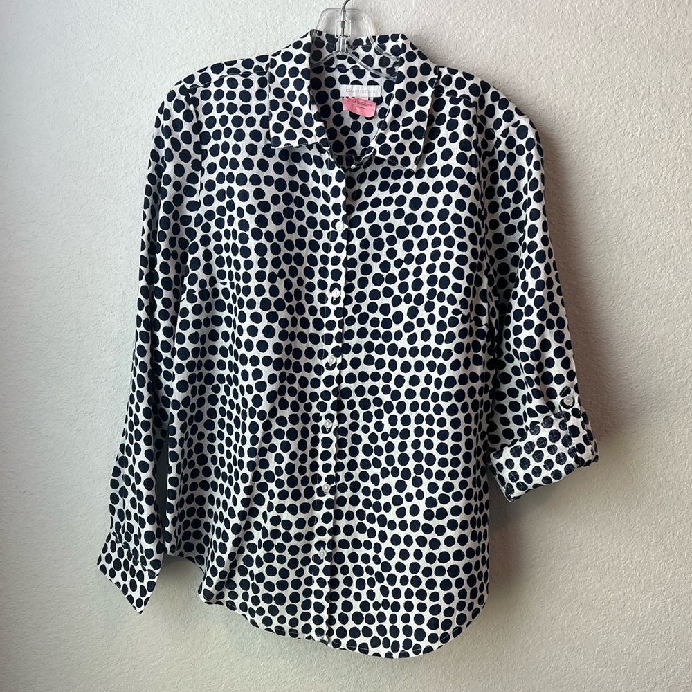 Charter Club Black and White Polka Dot LinenTop Blouse Shirt Medium